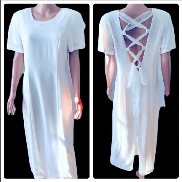 CDC Off White Crisscross Tie Back Maxi Dress Sz 12 - Picture 1 of 14